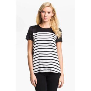 MICHAEL KORS Navy & White Striped Satin Short Sleeve Tunic Top Size Medium